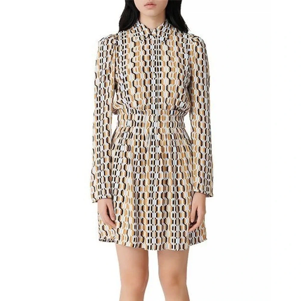 Maje Ricole Geometric Print Mini Dress‎ Size 36 Long Sleeve Retro Small